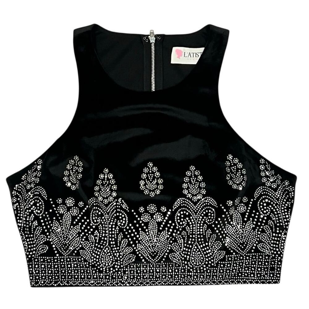Latiste Black Velvet Rhinestone Cropped Tank Top Festival Gothic Anthro Style - Picture 2 of 9